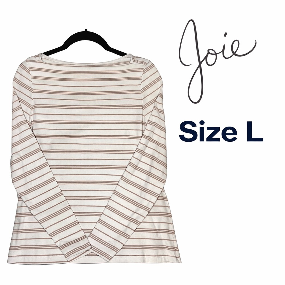 Joie Womens Size L Cream Taupe Striped Long Sleeve Boat Neck Top Pima Cotton EUC